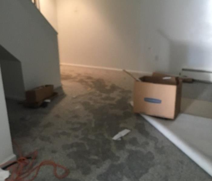 Basement room with water spotting on flooring
