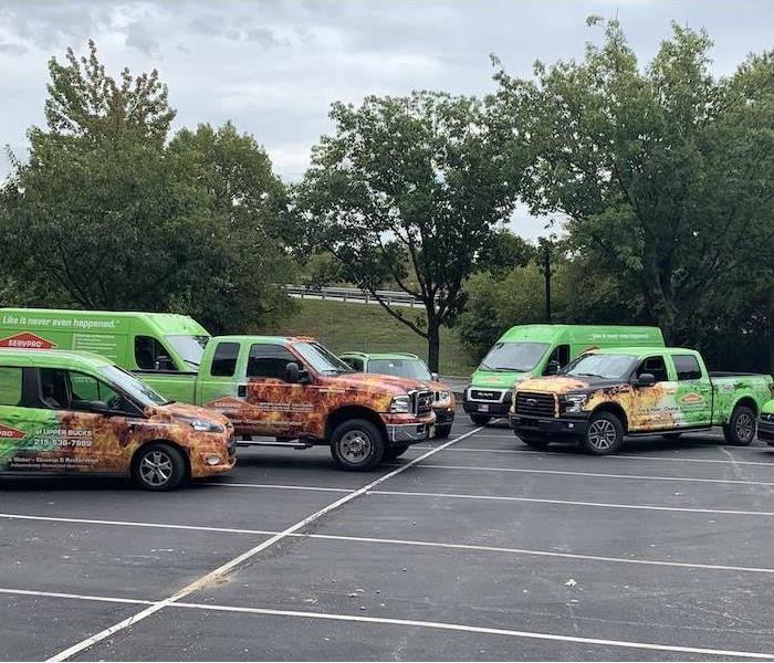 SERVPRO vans and trucks in a parking lot